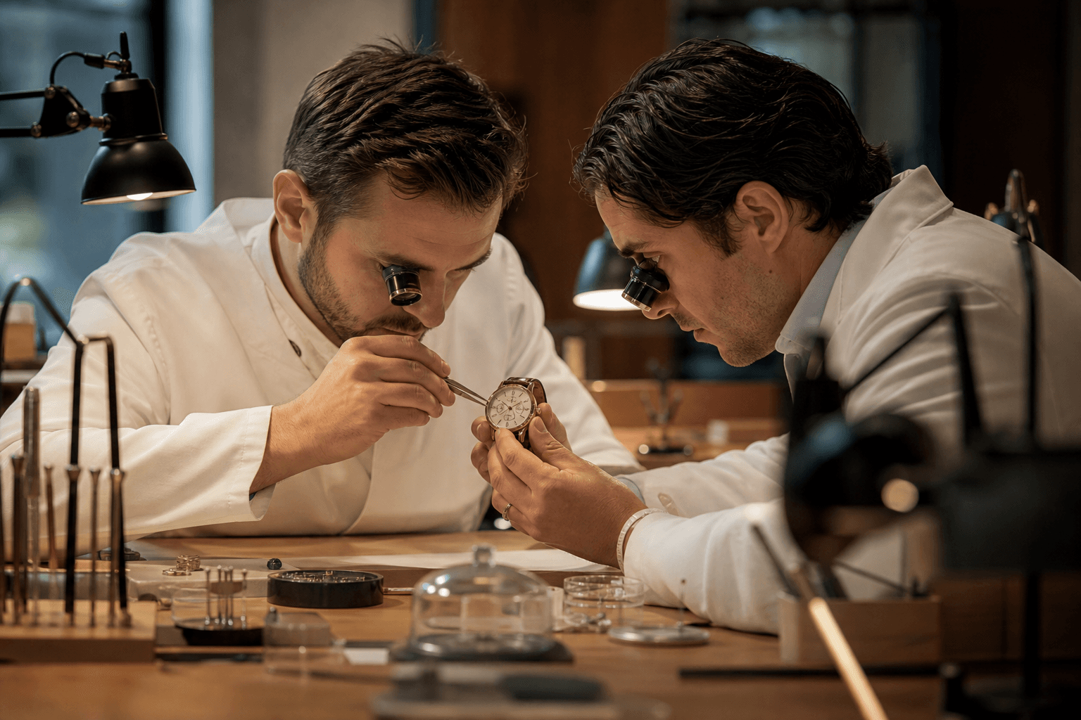 Watchmakers inspecting a luxury watch at a service bench