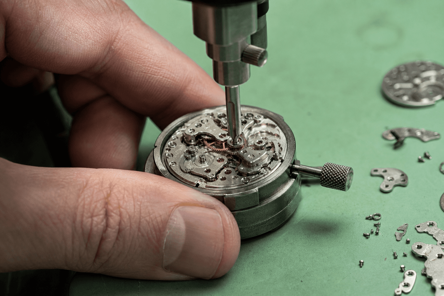 Precision tools being used on a watch movement